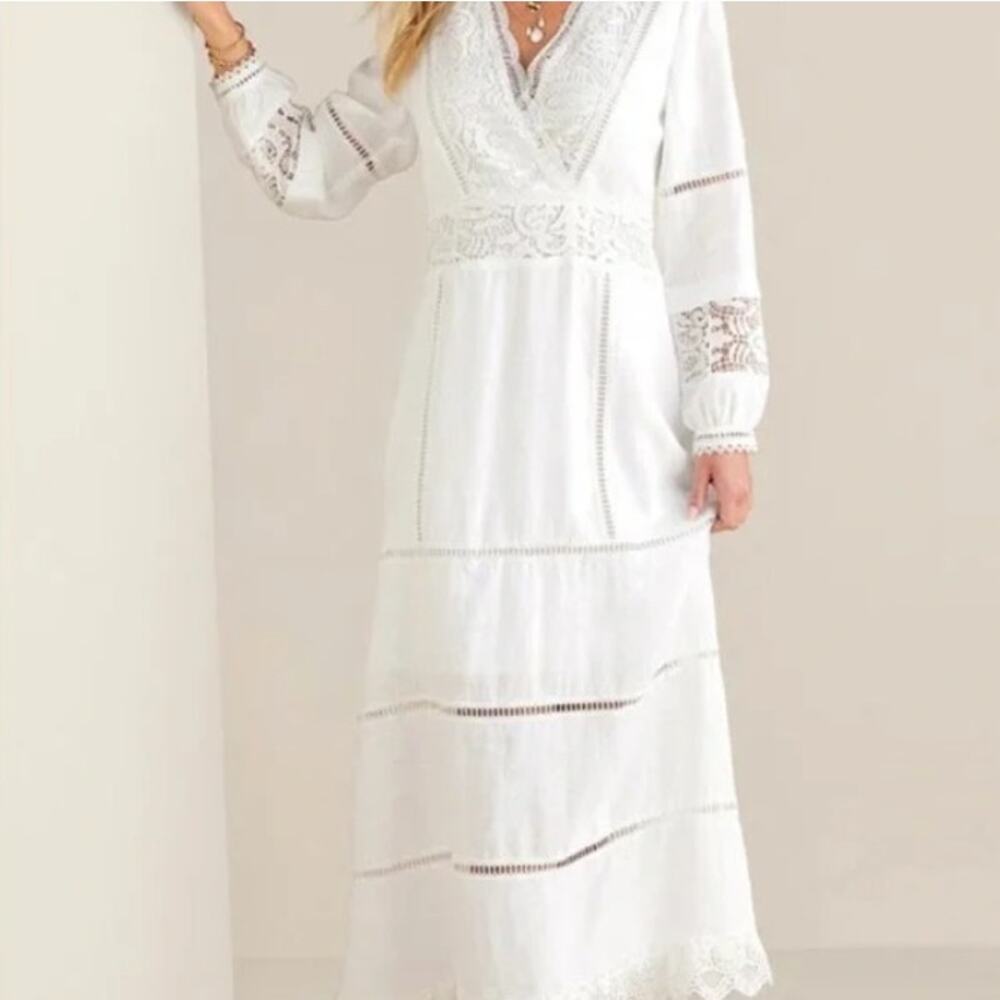NWT Soft Surroundings Araminta White Linen Lace Crochet Maxi Dress 6P Boho Bride